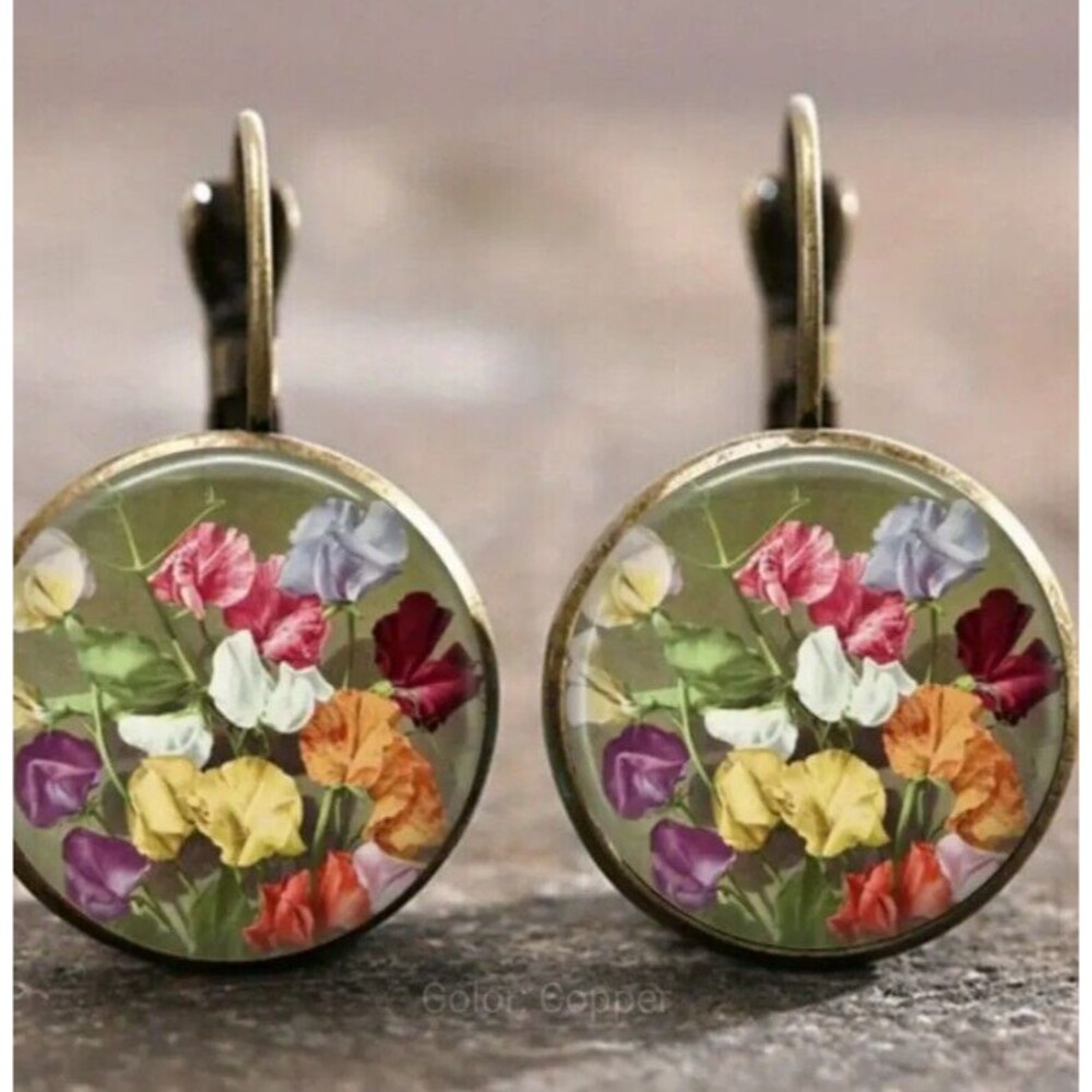 Antique Gold Round Floral Flowers Sage Green Back Earrings